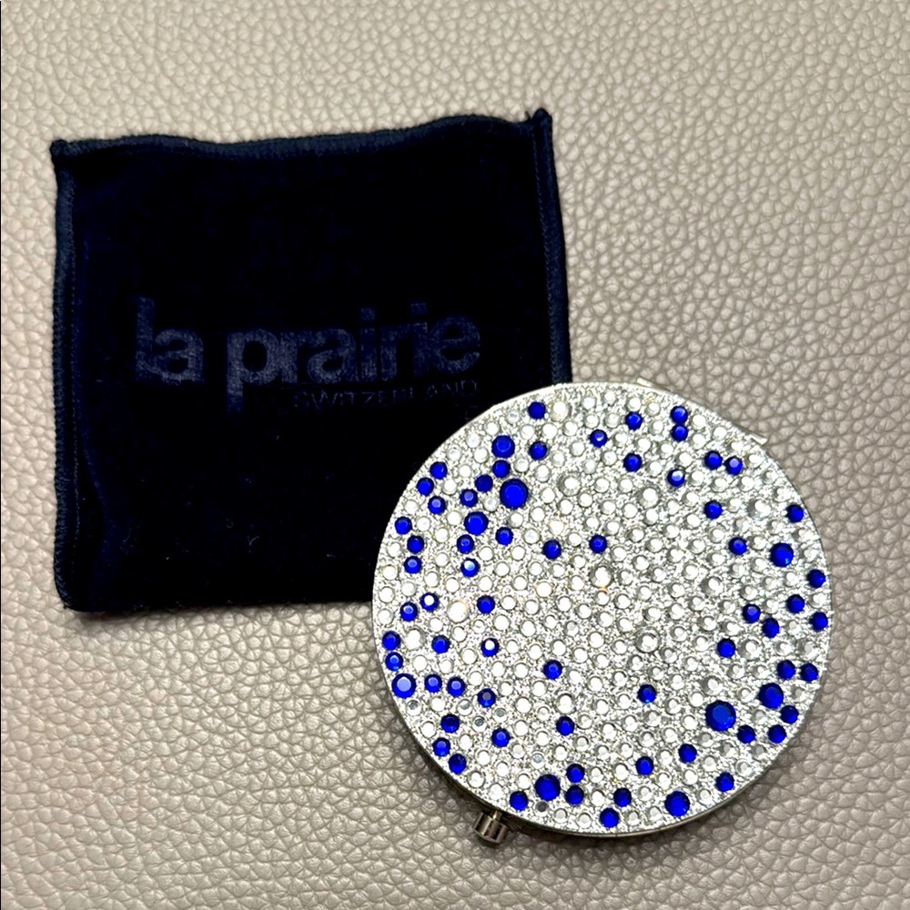 La Prairie Silver and Blue Crystal Compact Double Mirror New Limited Edition.
